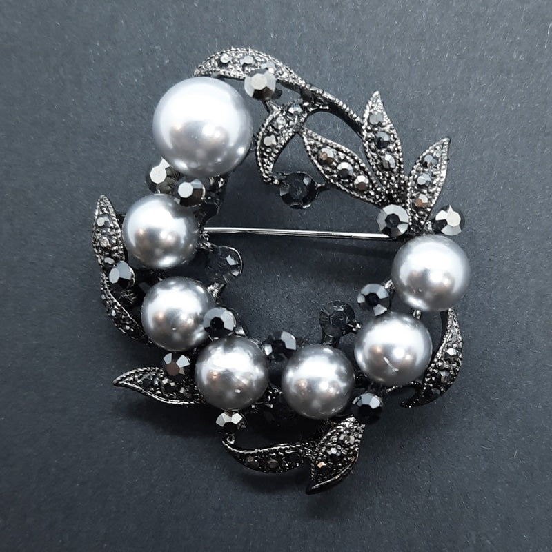 Silver Faux Pearl Black Crystal Brooch