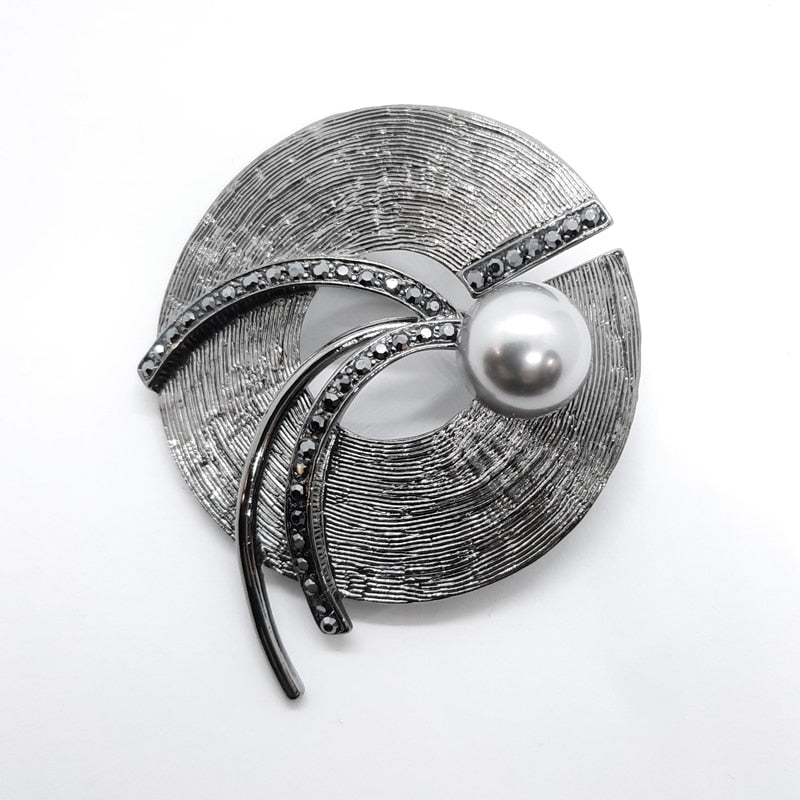 Round Faux Silver Pearl Brooch Black