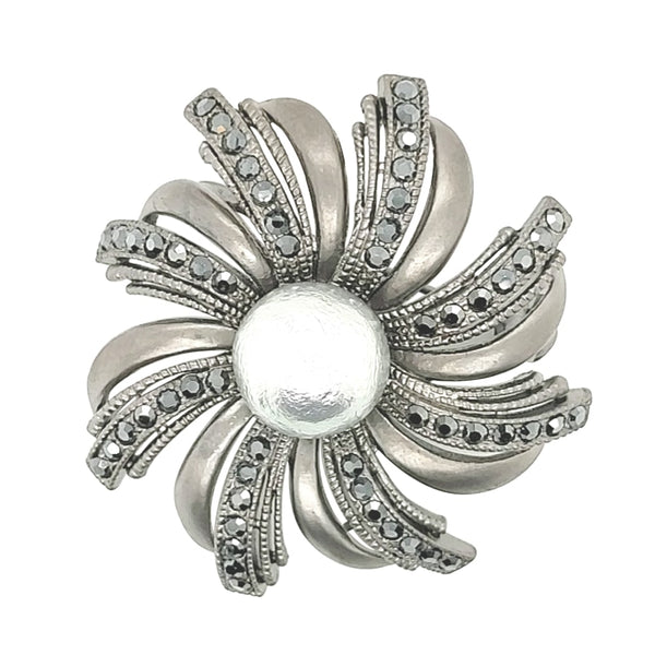 Faux Pearl Sun Brooch Gun Metal Colour