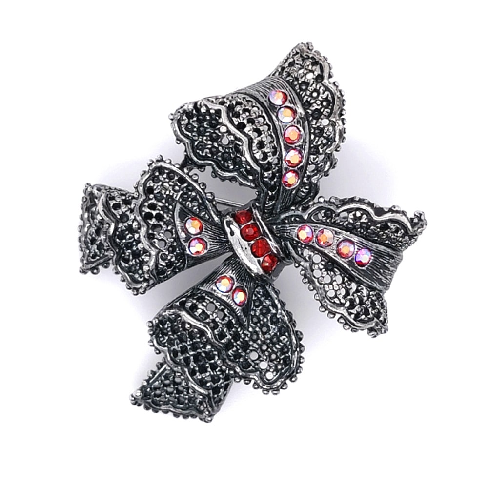 Crystal Lace Bow Brooch Red