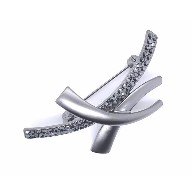 Gun Metal Colour Crystal Criss Cross Brooch