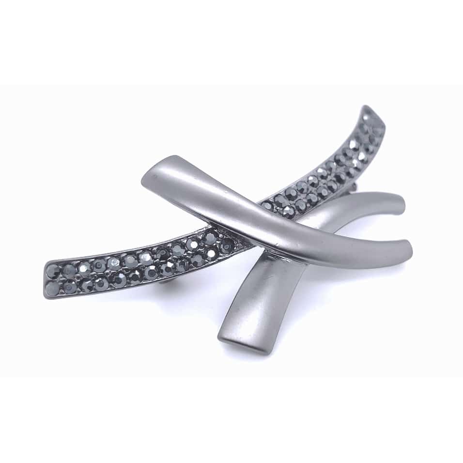 Gun Metal Colour Crystal Criss Cross Brooch