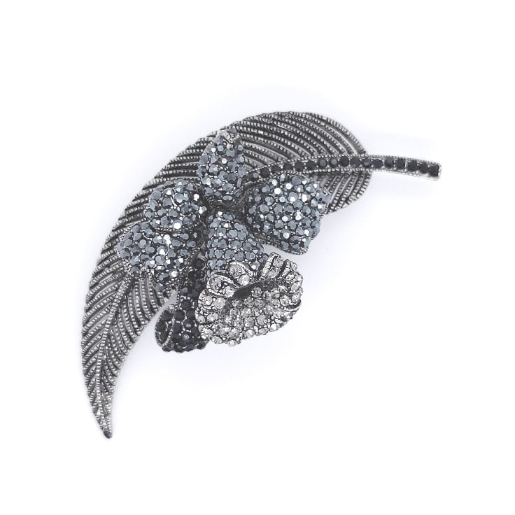 Gun Metal Colour Flower and Leaf Brooch