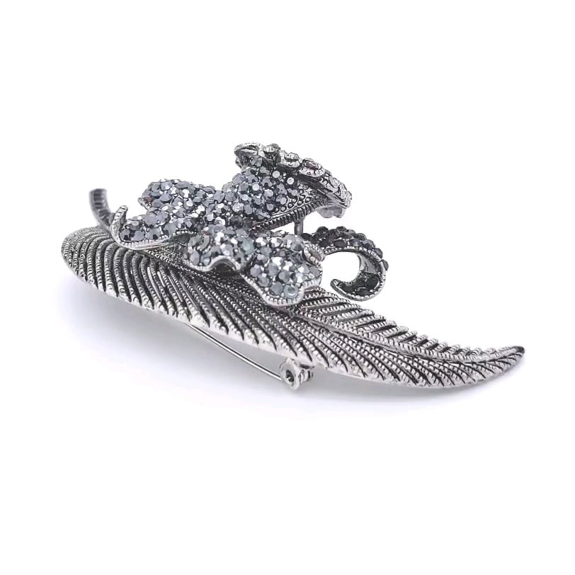 Gun Metal Colour Flower and Leaf Brooch