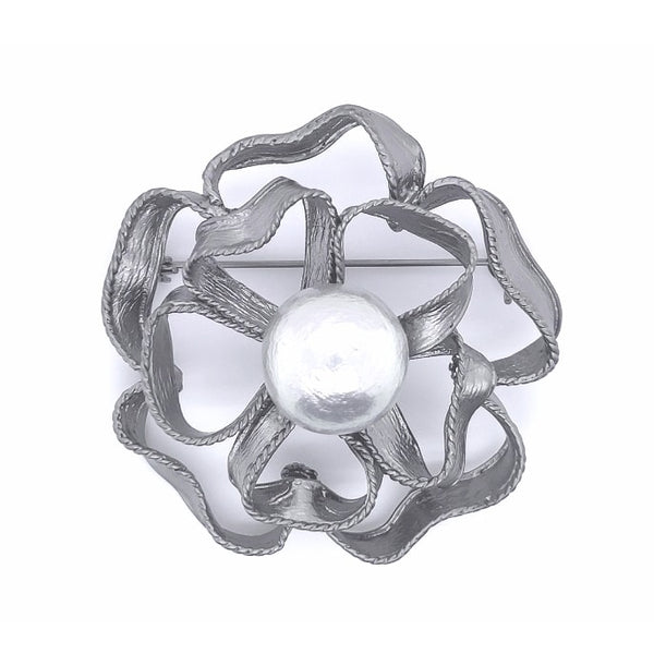 Gun Metal Colour Flower Faux Pearl Brooch