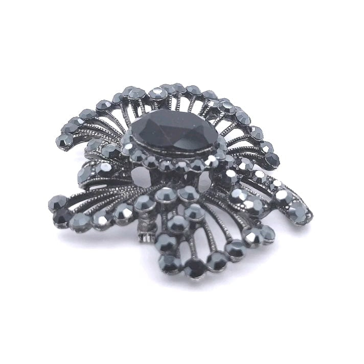 Gun Metal Colour Crystal Lace Brooch