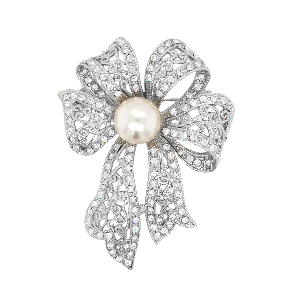 Lace Bow with Cream Faux Pearl Brooch