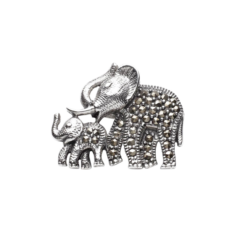Marcasite Elephant and Baby Silver Brooch