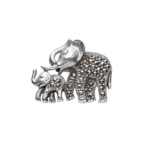 Marcasite Elephant and Baby Silver Brooch