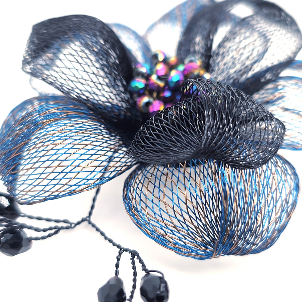 Handmade Metal Mesh Flower Corsage Blue-Black