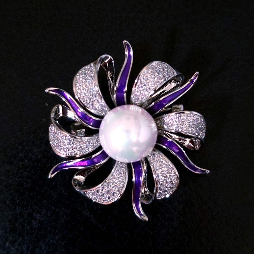 Crystal and Faux Pearl Enamel Brooch