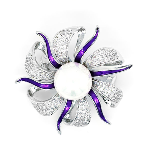 Crystal and Faux Pearl Enamel Brooch