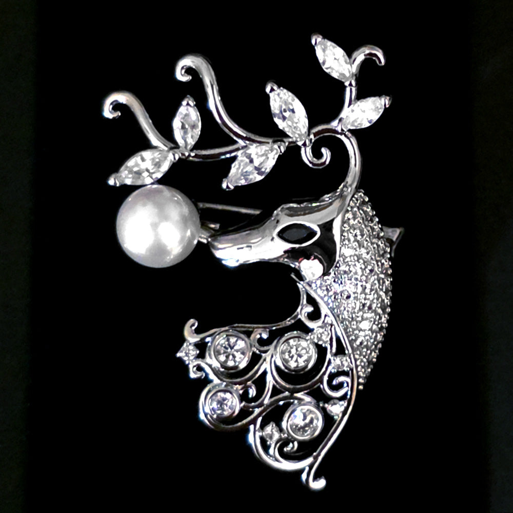 Crystal and Faux Pearl Deer Brooch