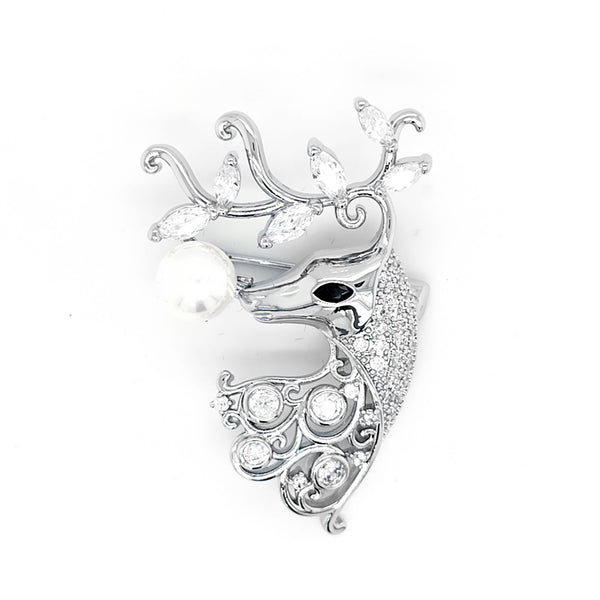 Crystal and Faux Pearl Deer Brooch