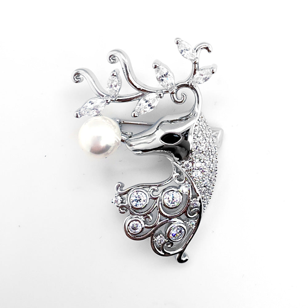 Crystal and Faux Pearl Deer Brooch