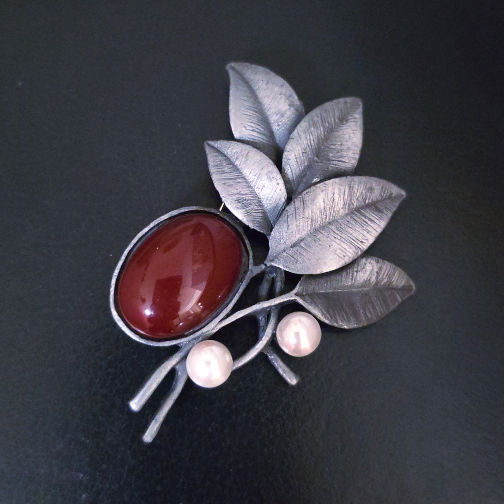 Red Formica and Faux Pearl Brooch or Pendant