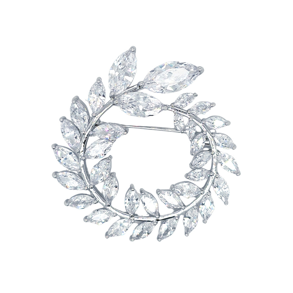 Crystal Olive Leaves Round Brooch