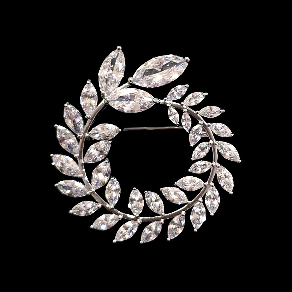 Crystal Olive Leaves Round Brooch