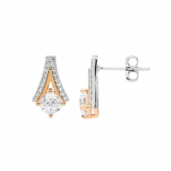 Sterling Silver Open 'V' Cushion Cut CZ Stud Earrings