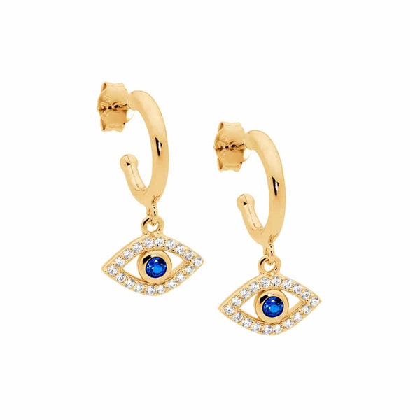 Gold Plated Sterling Silver Evil Eye CZ Drop Earrings