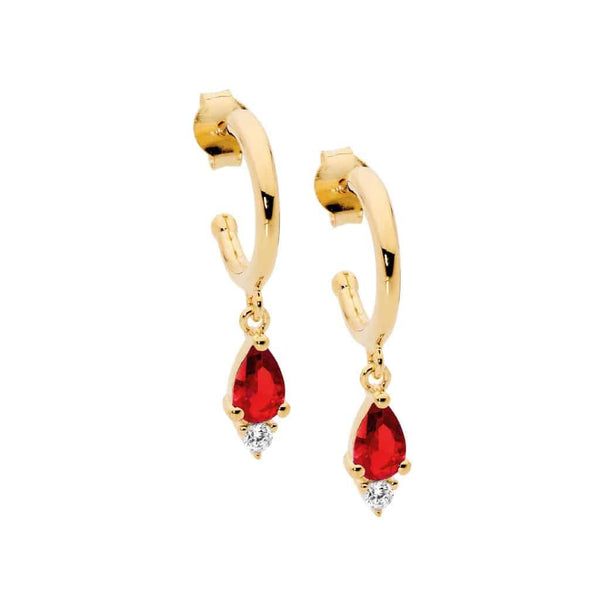 Semi Hoops with Red CZ Pendant Silver Earrings