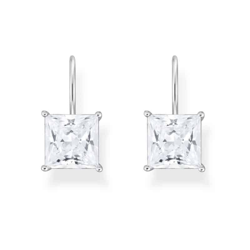 Earrings with Square Stone Pendant in White Silver