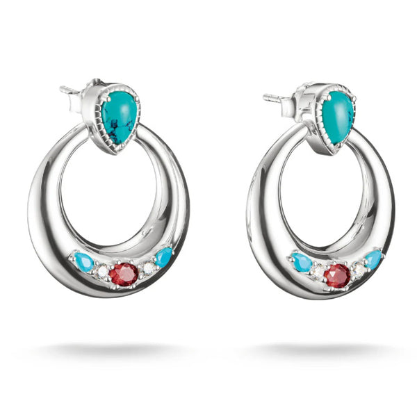 Half-Hoop Earrings with Turquoise, White & Red Stones