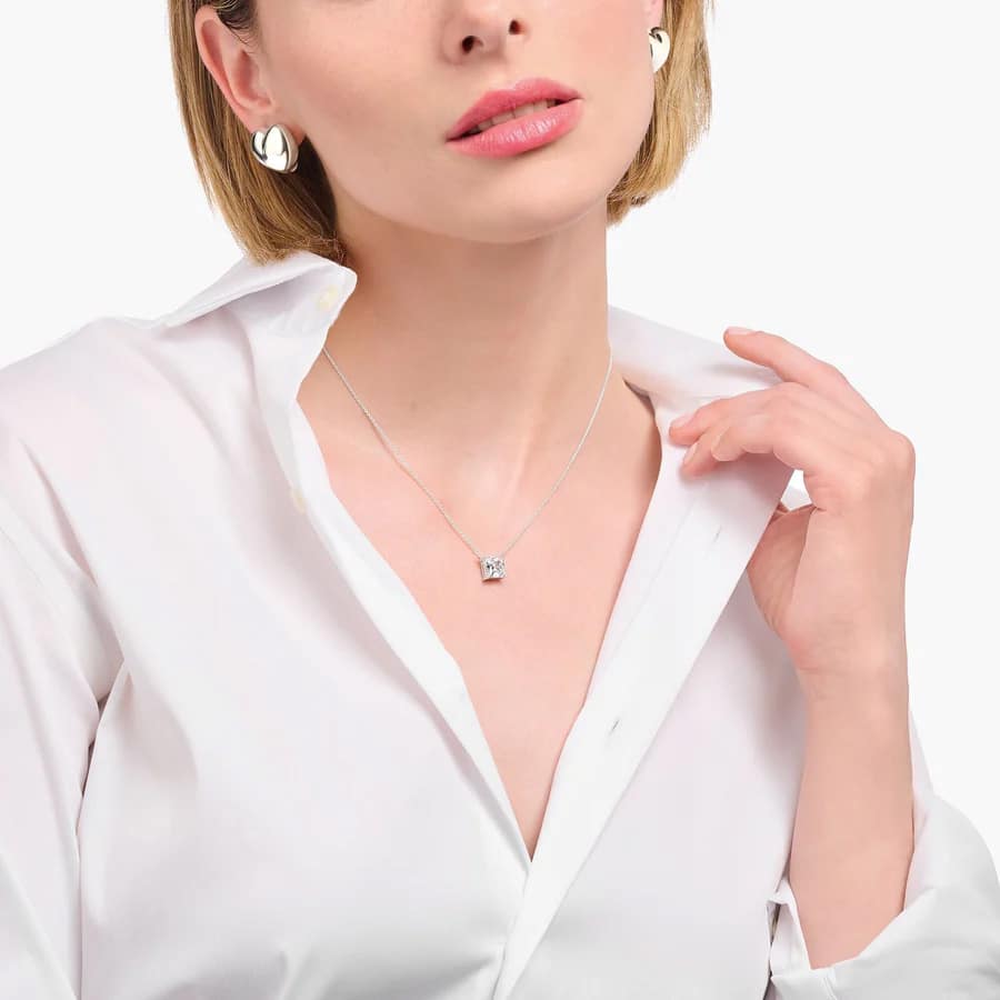 Necklace with Square Stone Pendant in White Silver