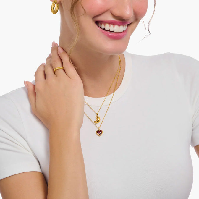 Heart Pendant Necklace Gold with Red Zirconia