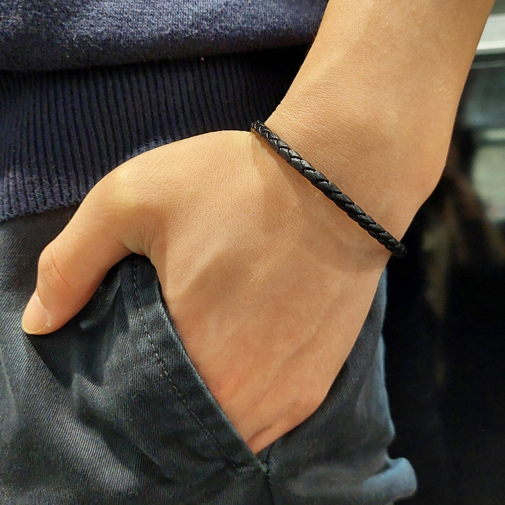 Brown Leather Stainless Steel Bangle Bracelet