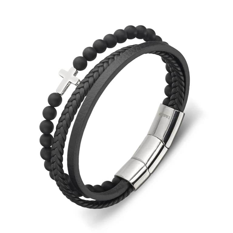 Black Leather Multi-strap with Matte Onyx Bead and Cross Bracelet