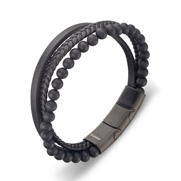 Multi Strap Leather Bracelet with Matte Onyx Beads