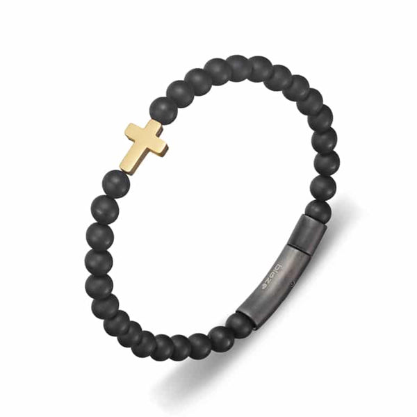 Matte Onyx Bead and Cross Bracelet Yellow Gold