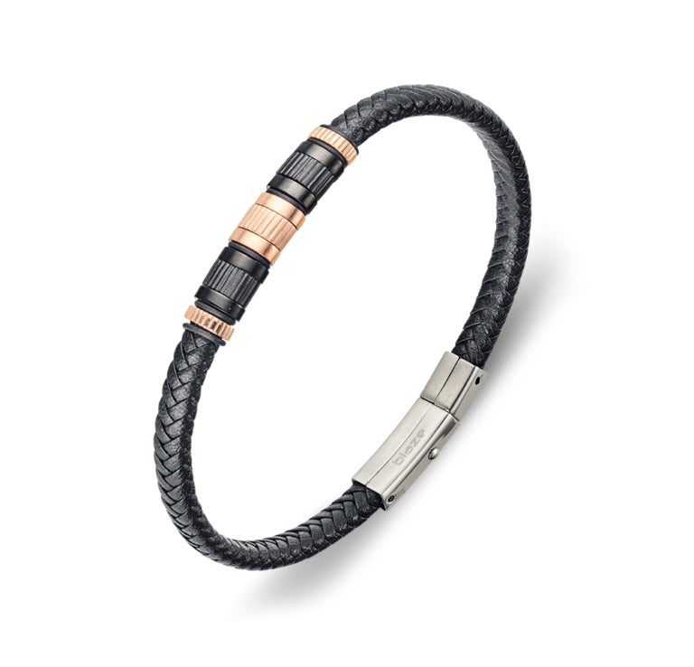 Black Leather braid Bracelet with Stainless Steel Beads Bangle Copper