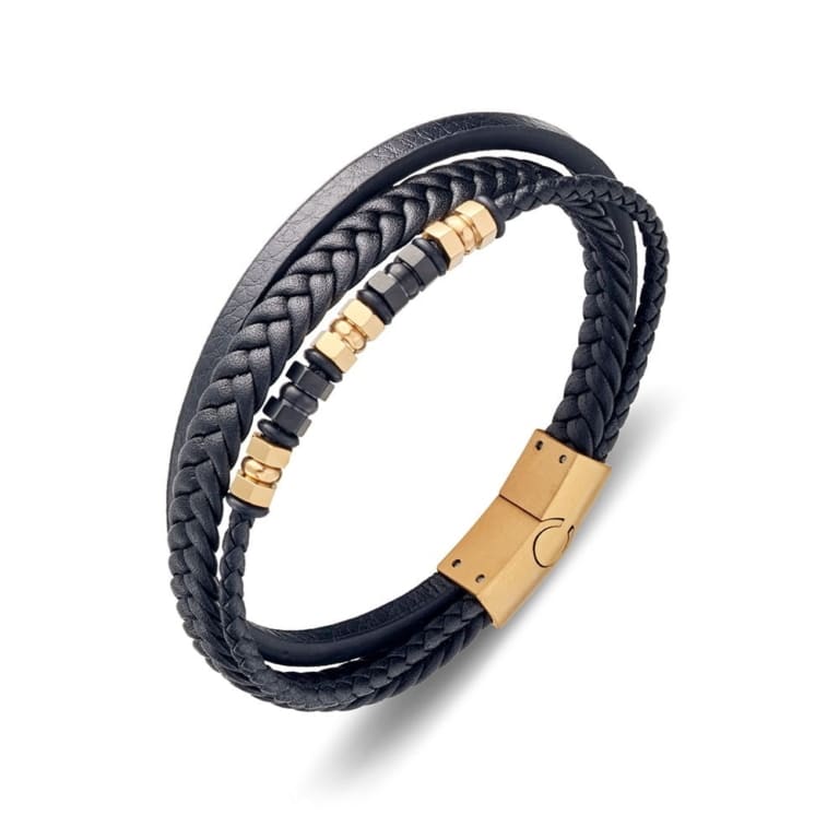 Triple Leather Bangle with Stainless Steel Gold Beads