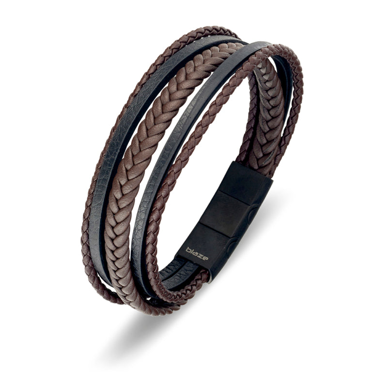 Brown and Black Braided Multi-strand Leather Bracelet