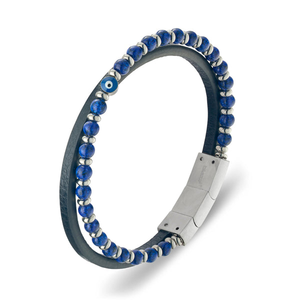 Stainless Steel Black Leather Bangle with Evil Eye