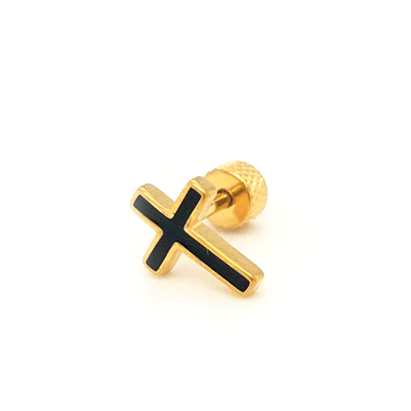 Stainless Steel Cross Screw Earring Yellow Gold