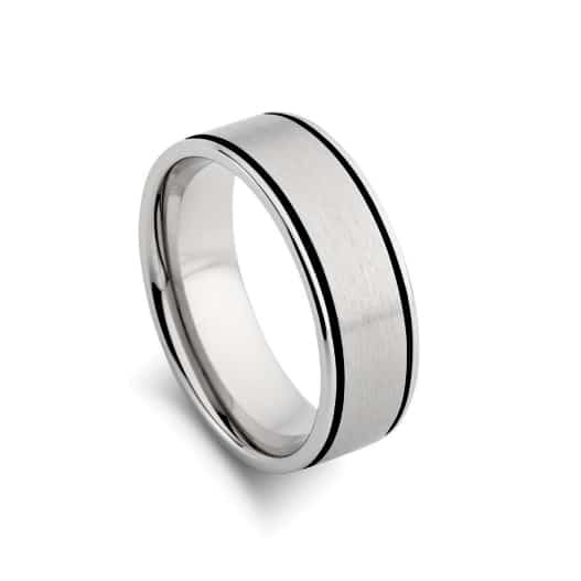 Matte Polished Stainless Steel Black Lined Ring