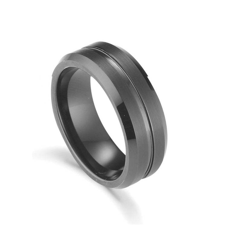 Grooved Matte and Polished Black Plate Wide Tungsten Ring