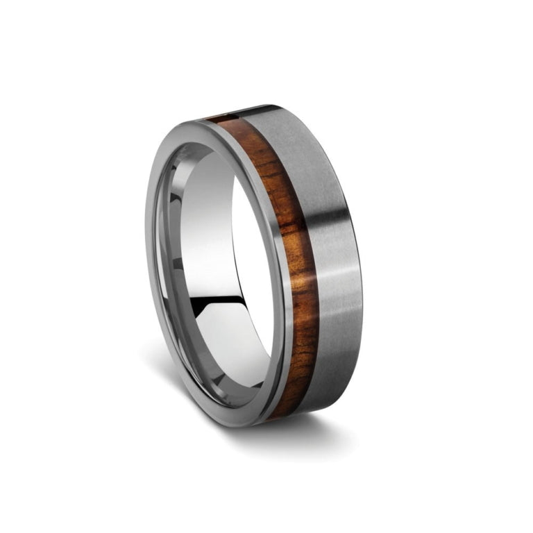 Brushed Finish Tungsten Ring with Koa Wood Inlay