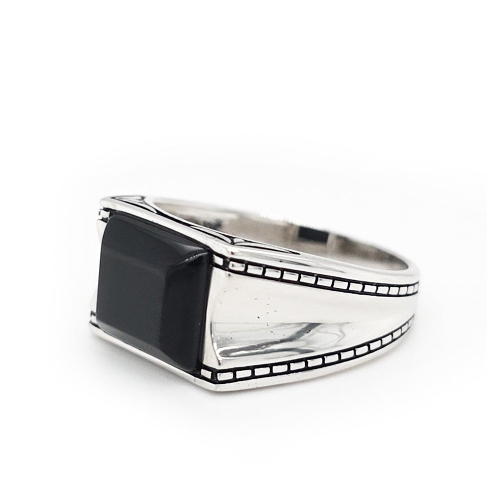 Sterling Silver Step Cut Baguette Onyx Ring with Details