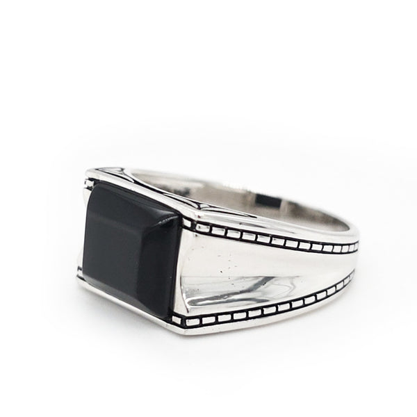 Sterling Silver Step Cut Baguette Onyx Ring with Details