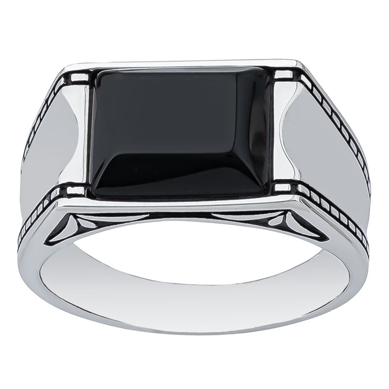 Sterling Silver Step Cut Baguette Onyx Ring with Details