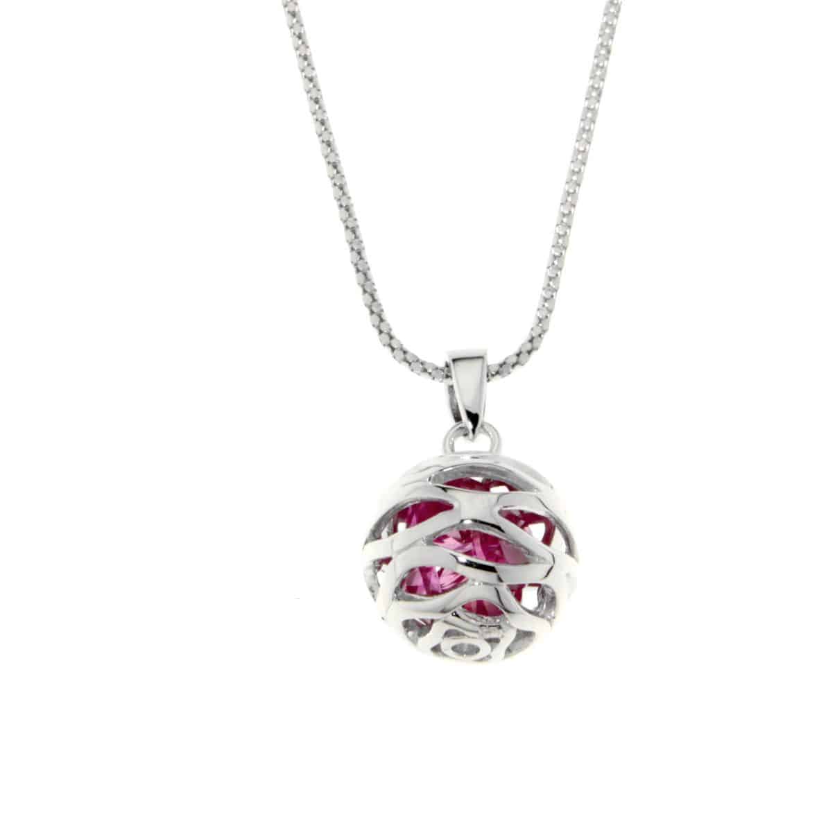 Pink Crystals in Round Ball Cage Silver Necklace