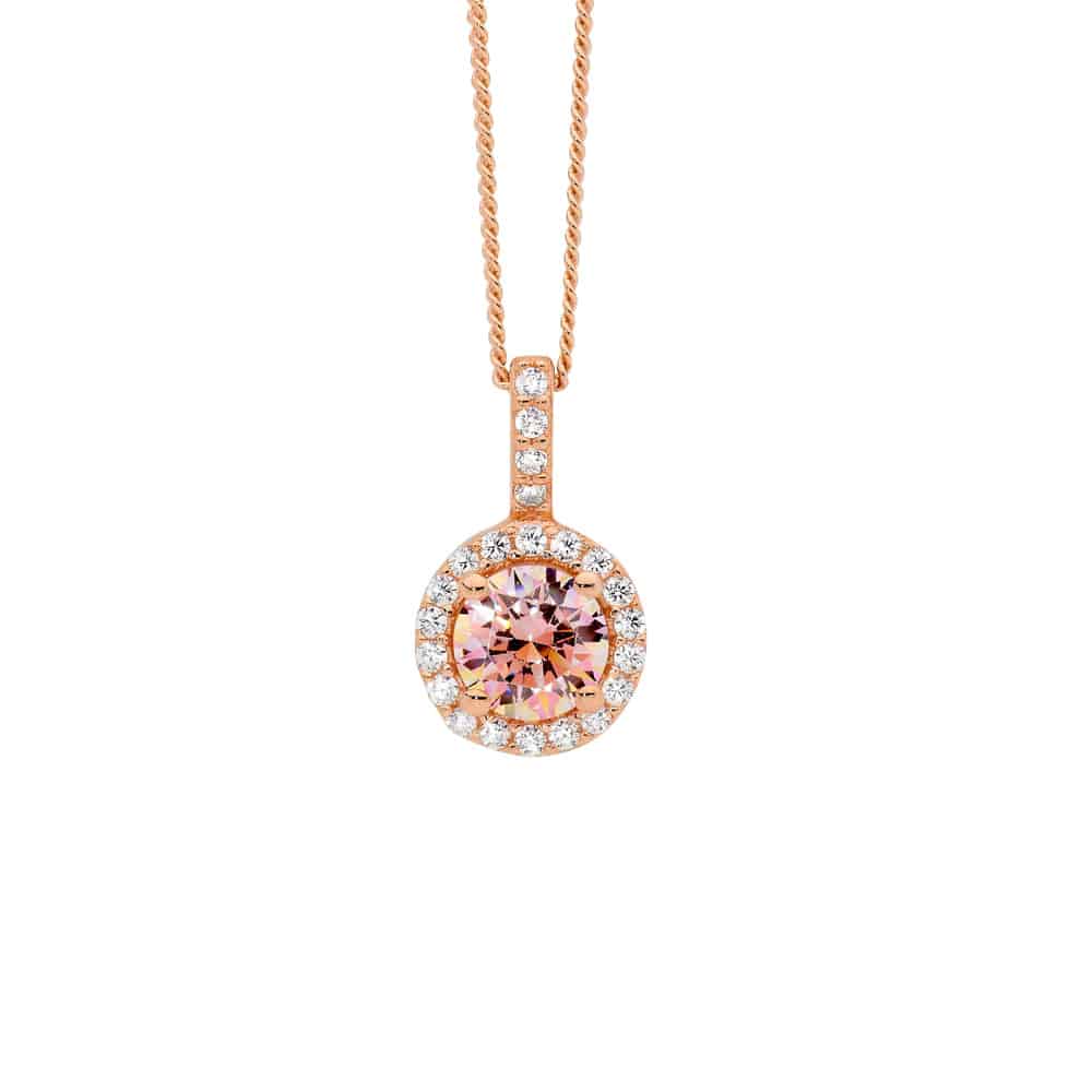 Morganite colour CZ Surround Silver Necklace