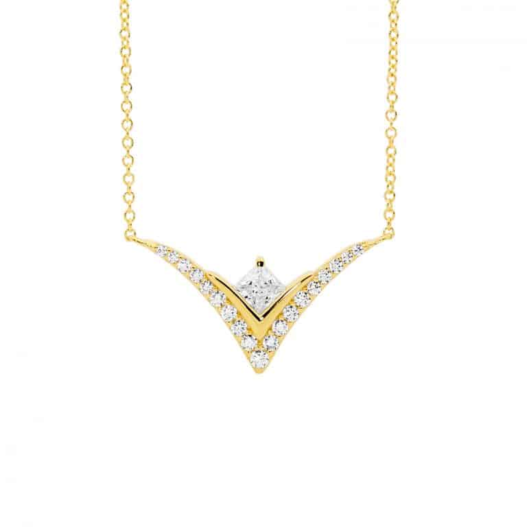 CZ Princess Cut 'V' Pendant Yellow Gold