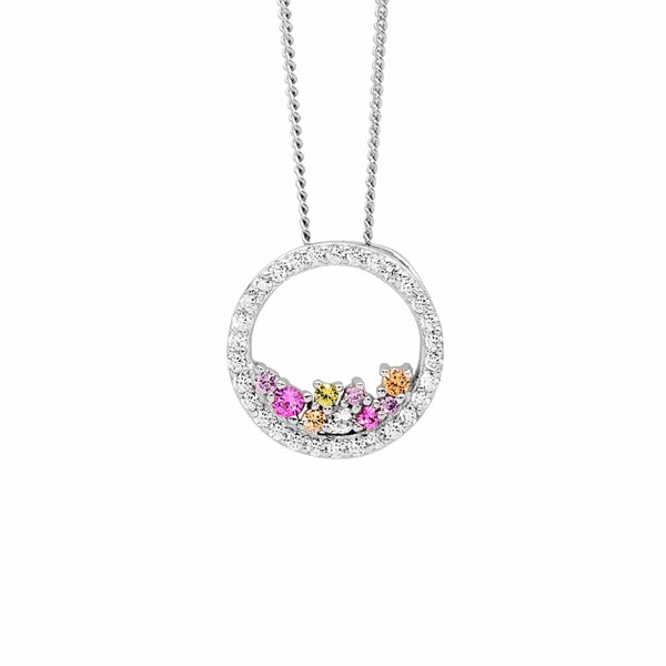 Sterling Silver Open Circle Pendant with Scattered Pastel Coloured CZ