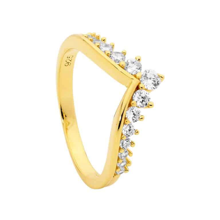 Yellow Gold Plated Wishbone Silver CZ Ring