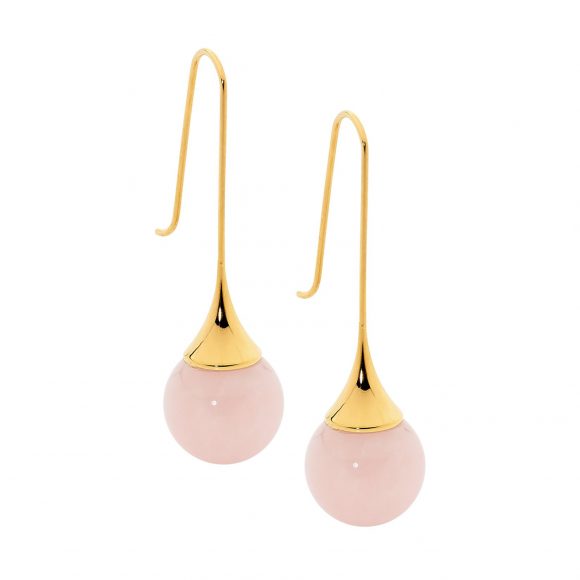 Rose Quartz Stainless Steel Long Earrings Yellow Gold